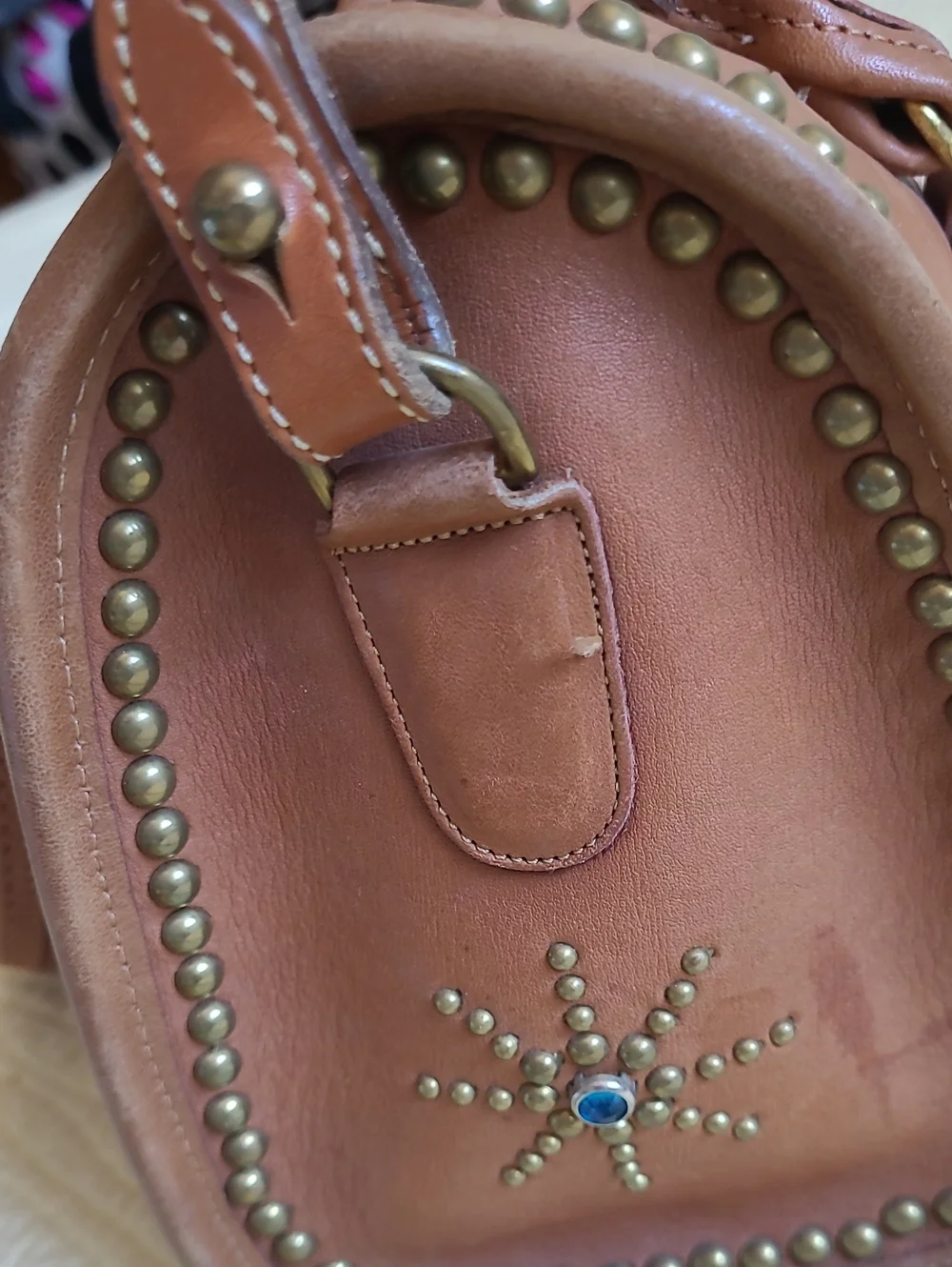 Coach Tan Leather Satchel with Turquoise Sunburst Accent - Picture 14 of 16